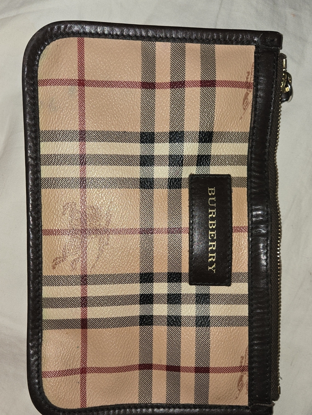 Burberry Tan Check Zip-Around Wallet with Dark Brown Trim